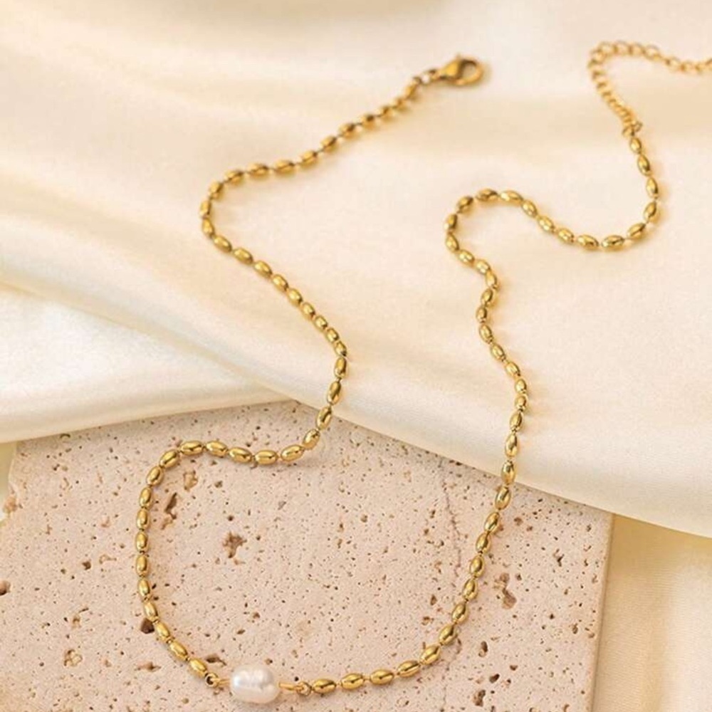 18K Gold Plated Stainless Steel Bead Necklace Adorned With White Pearls … - Picture 6 of 7